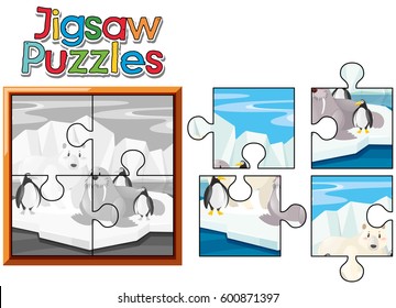 Jigsaw puzzle game with animals in north pole illustration