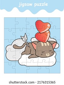 juego de rompecabezas del gato en la nube con caricatura de corazones