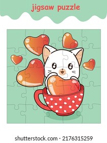 jigsaw puzzle game of cat in the cup with hearts cartoon