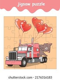 jigsaw puzzle game of cat on the truck with heart balloons