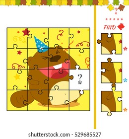 Jigsaw Puzzle game for Children with beaver. Illustration of educational task for children with animal