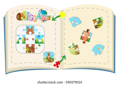 Jigsaw puzzle game with dog on wood illustration