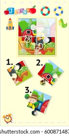 Jigsaw puzzle game with gardener in garden illustration