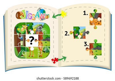 Jigsaw puzzle game with giraffe in forest illustration