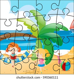 Jigsaw puzzle game with girls on the beach illustration