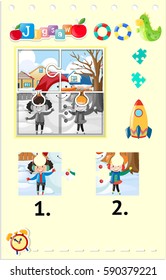 Jigsaw puzzle game with girls and snowman illustration