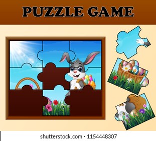 Jigsaw puzzle game with happy easter bunnies