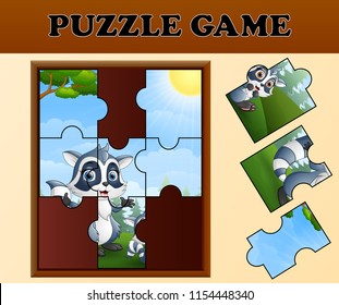 Jigsaw puzzle game with happy raccoon