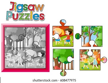 Jigsaw puzzle game with kids camping out illustration