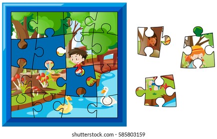 Jigsaw puzzle game with kids in garden illustration