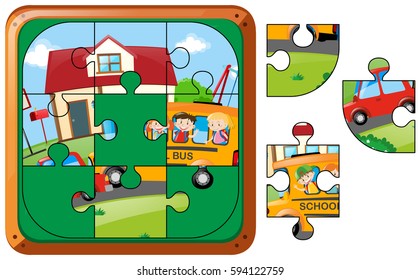 Jigsaw puzzle game with kids on schoolbus illustration