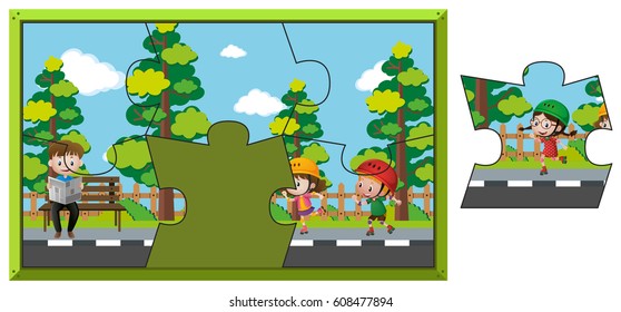 Jigsaw puzzle game with kids in park illustration