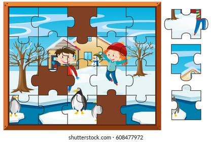 Jigsaw puzzle game with kids playing in snow illustration