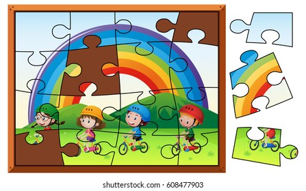 Jigsaw puzzle game with kids riding bike illustration