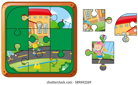 Jigsaw puzzle game with kids rollerskating illustration