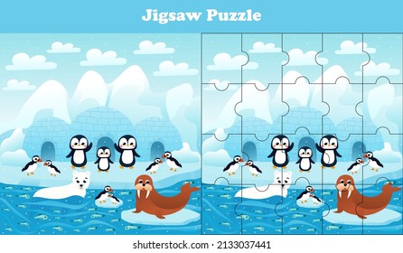 Jigsaw puzzle game with north pole wildlife - penguins, polar bear, seal and puffins, printable wowksheet for kids in cartoon style