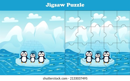 Jigsaw puzzle game with north pole wildlife - cute penguins, printable wowksheet for kids in cartoon style, logical game for children