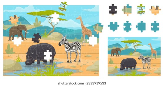 Piezas de juego de rompecabezas. Animales de safari de la sabana africana. Hoja de trabajo del test de coincidencia de partes, fragmento conectar el rompecabezas del vector o la figura encontrar el acertijo con elefante de dibujos animados, jirafa, cebra e hipopótamo