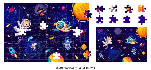 Piezas de juego de rompecabezas. Caricatura de alienígenas y astronautas en el espacio exterior estrellado. Prueba de juego de forma, juego de rompecabezas o acertijo con un hombre espacial chico, personajes alienígenas lindos, vuelos de cohetes y cometas al exterior