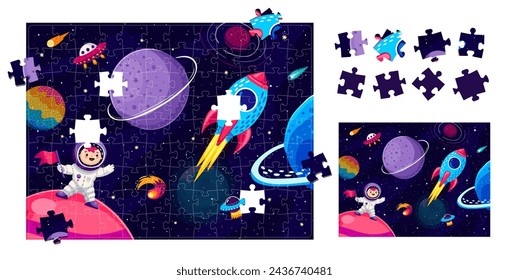 Jigsaw puzzle game pieces. Cartoon galaxy space landscape, rocket and astronaut. Vector educational worksheet for preschool children with funny baby astronaut in cosmos and fell out picture parts