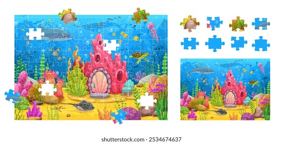 Jigsaw puzzle game pieces, cartoon underwater landscape. Vector educational worksheet for children featuring a vibrant sea creatures and coral house. Playful kids riddle with marine life in the ocean