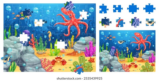 Piezas del juego del rompecabezas del paisaje submarino de la historieta con los animales del mar, hoja de trabajo del Vector. Niños juego de rompecabezas con personajes divertidos submarinos de pulpo, medusas y caballito de mar con peces fugu