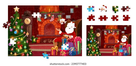 Jigsaw puzzle game pieces, Christmas Santa in chair near holiday fireplace and decorated pine tree in vector. Kids jigsaw puzzle to match and fit picture with Christmas tree and fireplace with socks