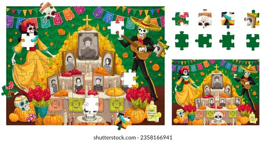 Piezas de juego de rompecabezas. Día de los muertos en la fiesta mexicana muerta. Hoja de trabajo de vector educativo para niños preescolares con divertida caricatura Catrina y esqueletos de mariachi cerca del altar