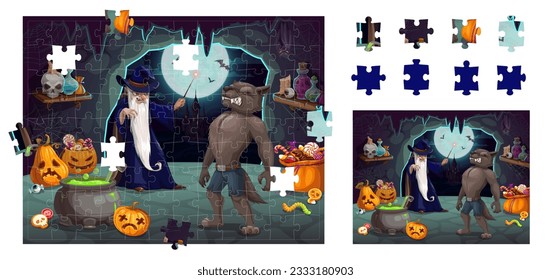 Piezas de juego de rompecabezas. Halloween era hombre lobo, calabazas y hechicero en cueva. Juego de coincidencia de fragmentos derecho, hoja de cálculo del vector de búsqueda de formas con mago o mago aterrador, personajes de Halloween monstruo de ghoul