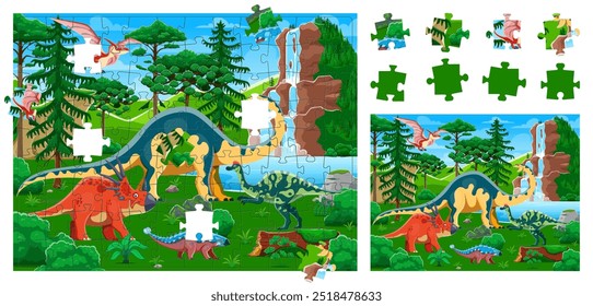 Jigsaw puzzle game pieces with prehistoric dinosaurs landscape, vector worksheet. Kids jigsaw puzzle game to find and match cutout pieces of picture wit Jurassic dinosaurs and funny dino lizards