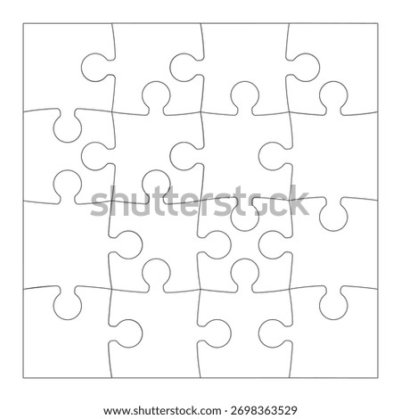 Jigsaw puzzle game square template with angles. Puzzle pieces. Puzzle pieces contour isolated on white background. Adjustable, editable mockup.