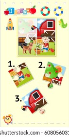 Jigsaw puzzle game template boy and dog illustration