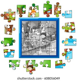 Jigsaw puzzle game template with kids in park illustration