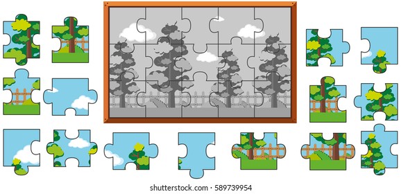 Jigsaw puzzle game with trees in garden illustration