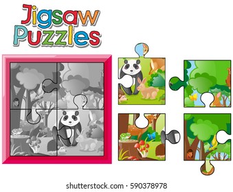 Jigsaw puzzle game with wild animals illustration