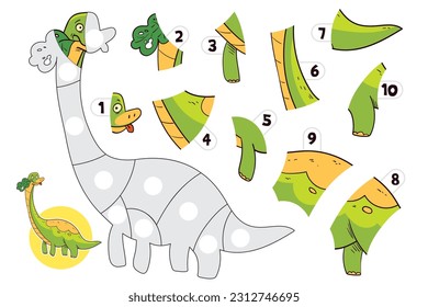 Jigsaw puzzle games. Puzzle with dinosaur. Brachiosaurus. Matching game. Educational game for children. Attention task. Choose correct answer. Find the missing piece of the picture. Cartoon character