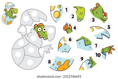 Jigsaw puzzle games. Dinosaur hatched from an egg. Matching game. Educational game for children. Attention task. Find the missing piece of the picture. Colorful cartoon character