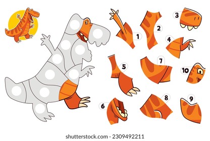 Jigsaw puzzle games. Puzzle with dinosaur. Tyrannosaurus. Matching game. Educational game for children. Attention task. Choose correct answer. Find the missing piece of the picture. Cartoon character