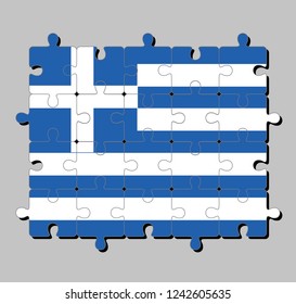 Jigsaw puzzle of Greece flag in nine stripes of blue and white; a white cross on a blue square. Concept of Fulfillment or perfection.