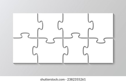 Jigsaw puzzle grid with 2x4 pieces. Laser cut frame. Thinking mosaic game. Simple background with 8 separate details. Vector illustration. Paper leisure toy.