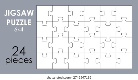 Jigsaw puzzle grid template, pieces grid with 24 details. Separate matching irregularly puzzle elements. Mosaic silhouette Scheme of thinking game 6x4 shapes Cutting vector line grid design for jigsaw