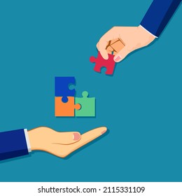 Rompecabezas en mano. Concepto de consultoría y resolución de problemas. vector