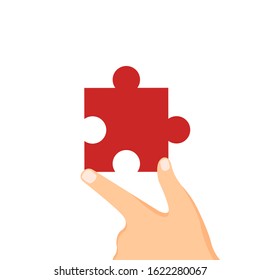 Jigsaw puzzle. Hand with one red piece of puzzle. Vector illustration isolated on white background