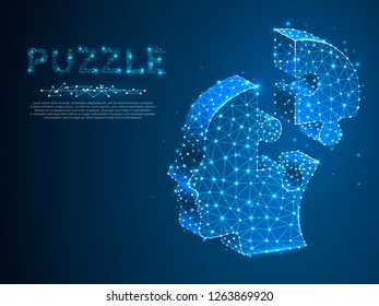 Jigsaw Puzzle head 3d silhouette. Business infographic presentation. Neon low poly model of human head in form of puzzle. Polygonal connection with wireframe. Vector autism or Down Syndrome concept