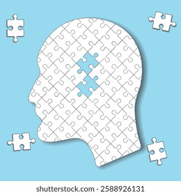 Jigsaw puzzle head, human brain potential, logical reasoning concept isolated on a white background