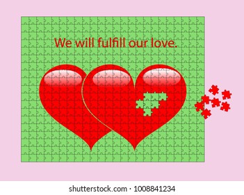 Jigsaw puzzle heart of red on a green ground. We will fulfill our love.