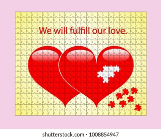 Jigsaw puzzle heart of red on a green ground. We will fulfill our love.