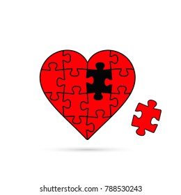 Jigsaw puzzle heart, vector red simple illustration.