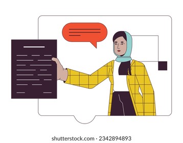 Jigsaw puzzle hijab office worker flat line concept vector spot illustration. Female muslim professional 2D cartoon outline character on white for web UI design. Editable isolated color hero image