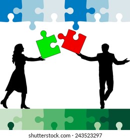 Jigsaw puzzle hold silhouettes of men and women color. Vector illustration.